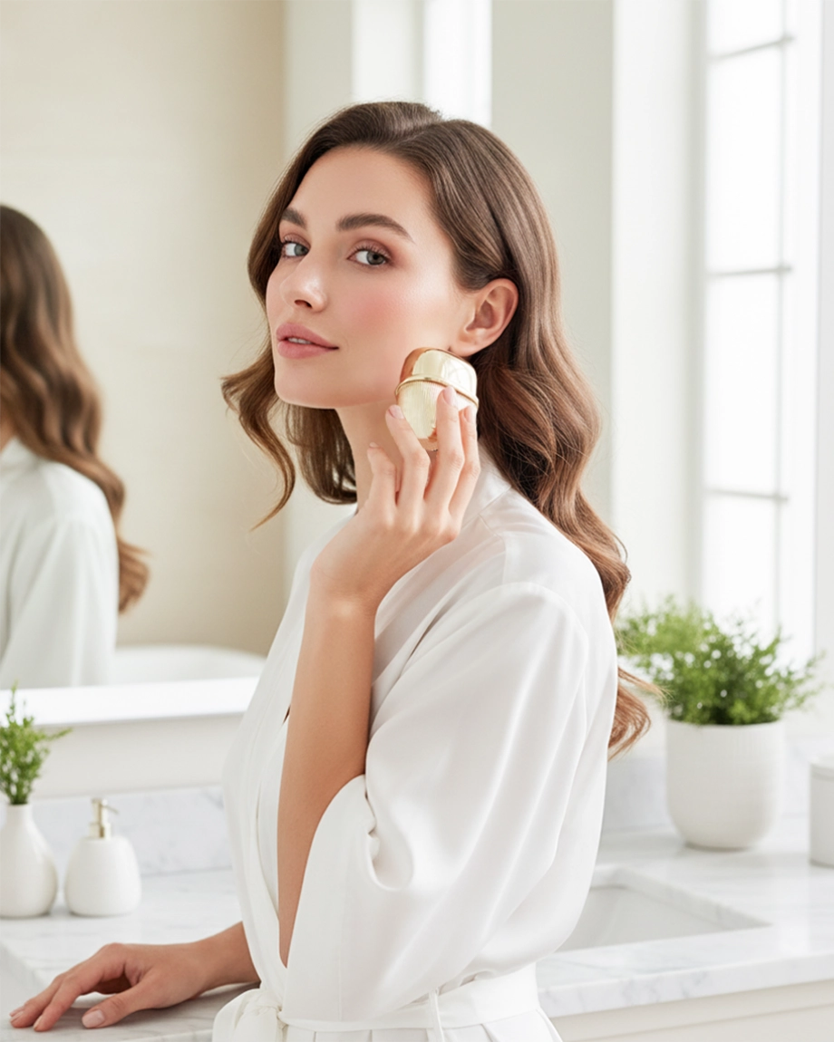 Жінка виконує догляд за обличчям за допомогою пристрою Beautifly у світлій домашній ванній кімнаті.