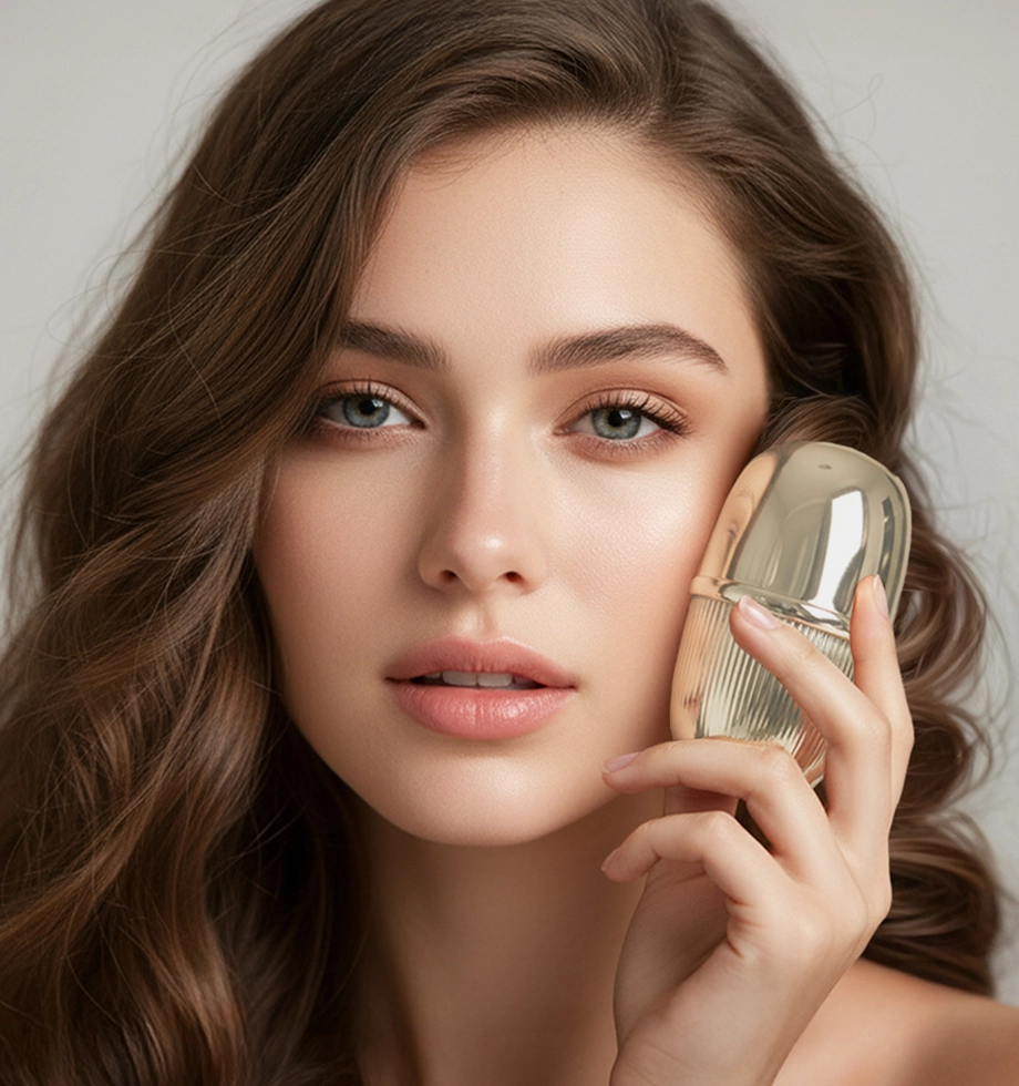 Модель демонструє елегантний пристрій Beautifly, який вона тримає біля обличчя.