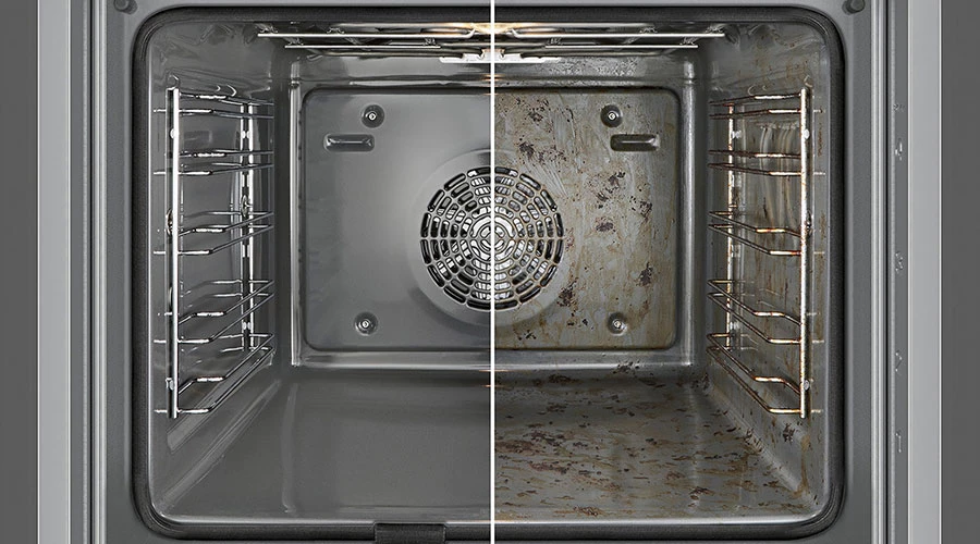 Внутрішня частина духовки, показана в поперечному розрізі – чиста зліва, брудна справа