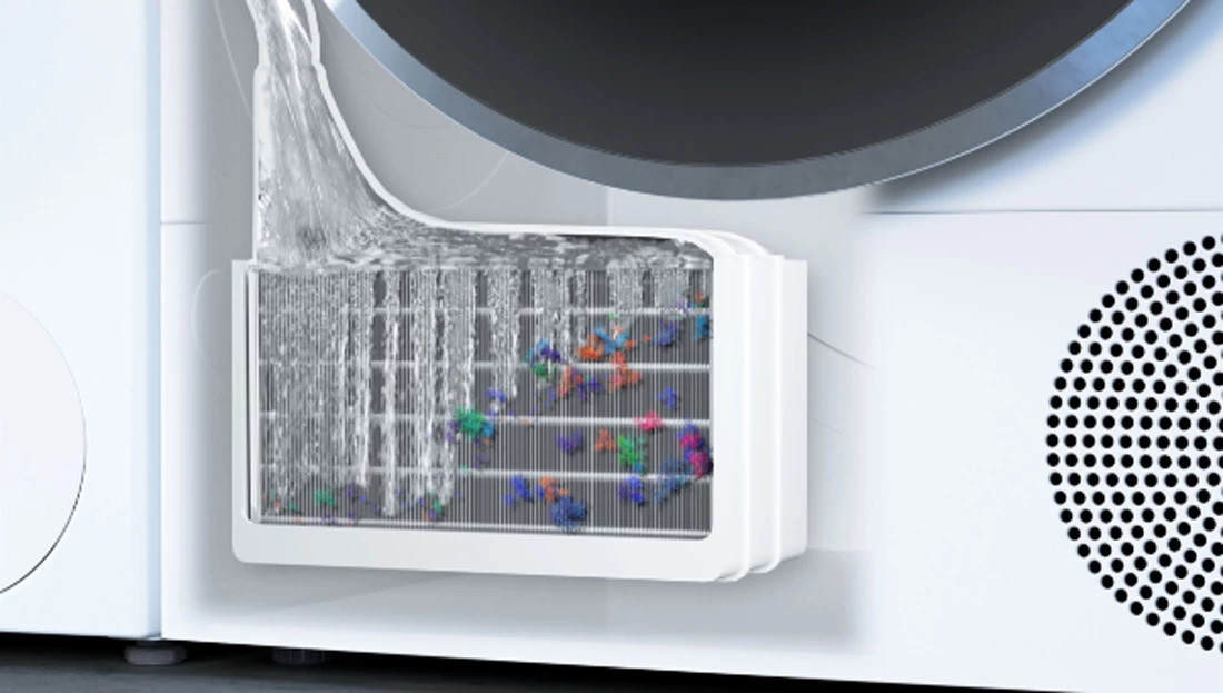 Прозора модель сушильної системи Bosch з водою, що протікає через теплообмінник.