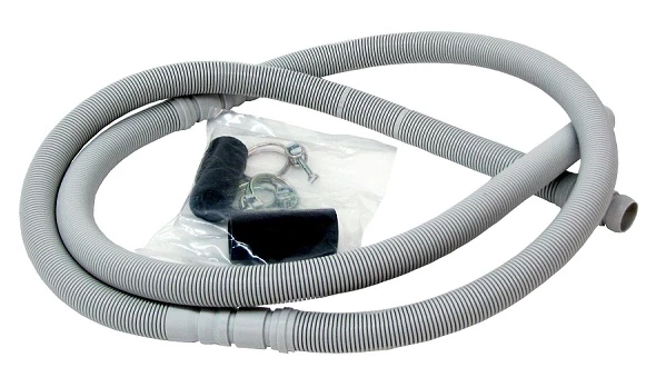 Гнучкий сірий зливний шланг з монтажним комплектом у фольгованій упаковці.
