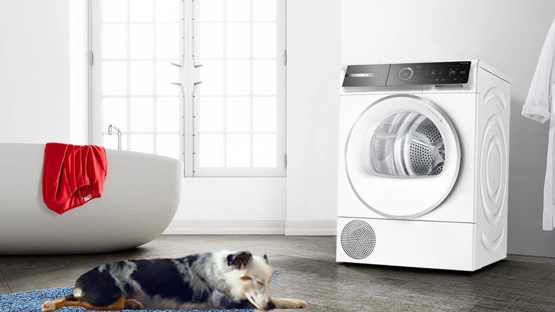 Білий фен Bosch у ванній кімнаті, поруч ванна з червоною сорочкою та собакою, що лежить на килимку.