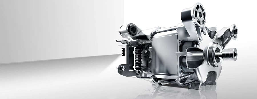 Двигун сушарки Bosch у поперечному розрізі з видимими металевими деталями та обмотками для тихої та ефективної роботи.