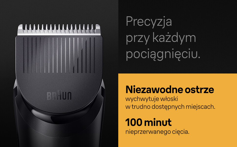 Precyzja przy każdym pociągnięciu. Niezawodne ostrze wychwytuje włoski w trudno dostępnych miejscach. 100 minut nieprzerwanego cięcia.