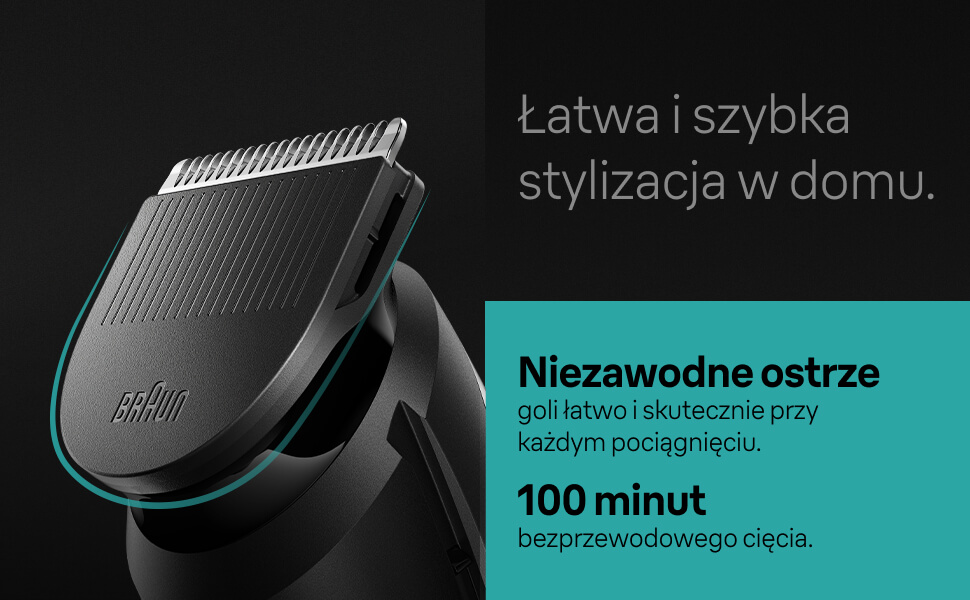 Łatwa i szybka stylizacja w domu. Niezawodne ostrze goli łatwo i skutecznie przy każdym pociągnięciu. 100 minut bezprzewodowego cięcia.