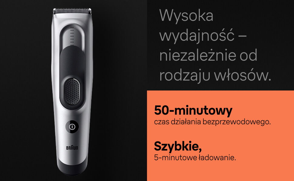Wysoka wydajność – niezależnie od rodzaju włosów. 50 minutowy czas działania bezprzewodowego. Szybkie, 5-minutowe ładowanie.