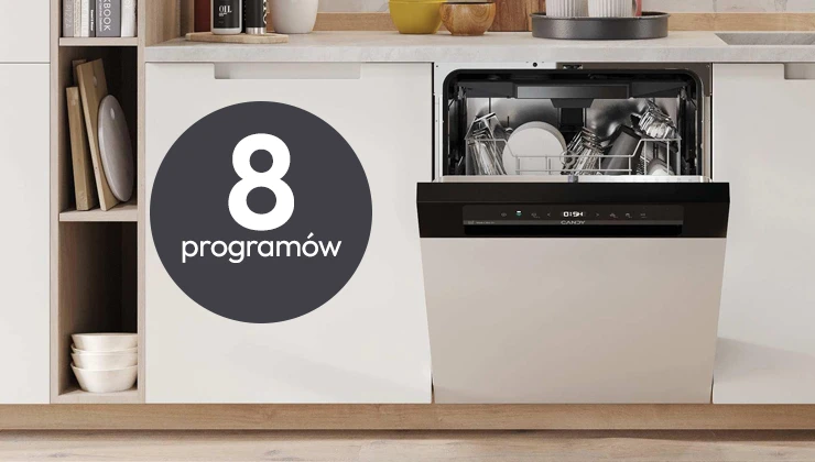 Біла посудомийна машина з прочиненими дверцятами в кухонному шафі, ліворуч білий напис 8 програм на темно-сірому колі.