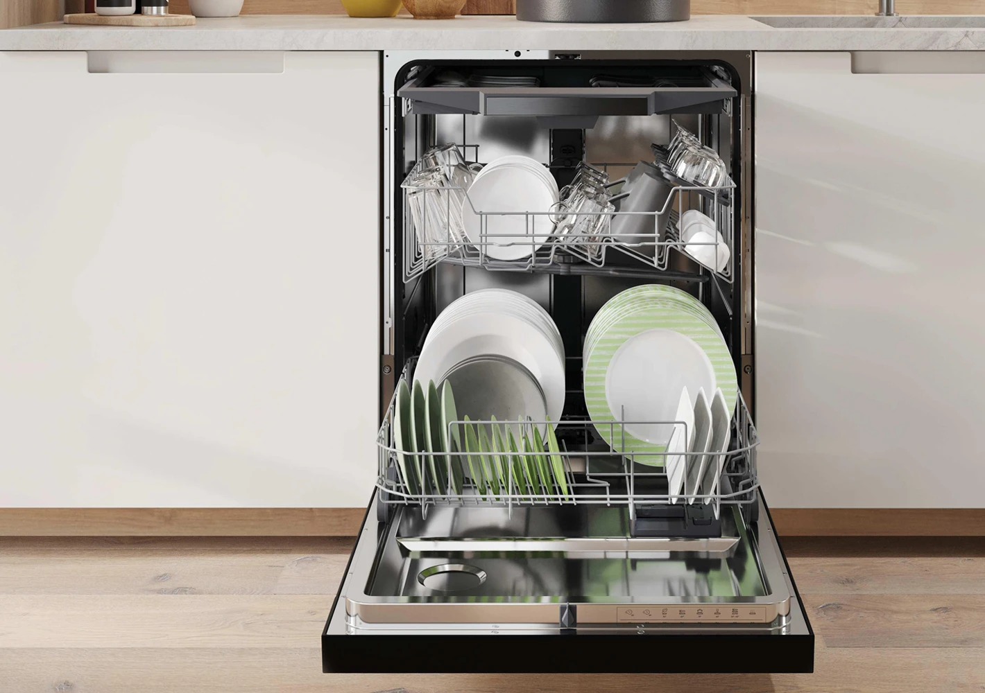 Відкрита посудомийна машина на кухні з позначеними точками, що показують найважливіші функції.
