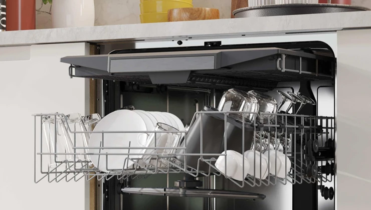 Кошик із посудом, а над ним — кошик із столовими приборами у відкритій посудомийній машині.