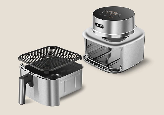 Компоненти фритюрниці Cosori Iconic Single: корпус із сенсорною панеллю, знімний кошик та контейнер для хрустких зерен