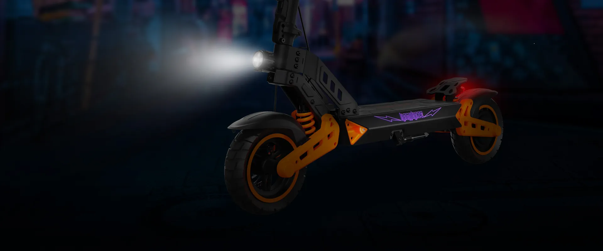 Нижня частина самоката Kamikaze K1 Lite з увімкненими фарами