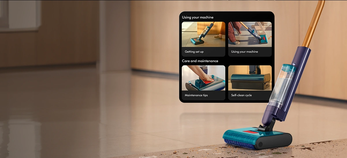 Швабра, яка чистить брудну підлогу, та чотирикадровий перегляд навчальних відео, доступних у додатку MyDyson.