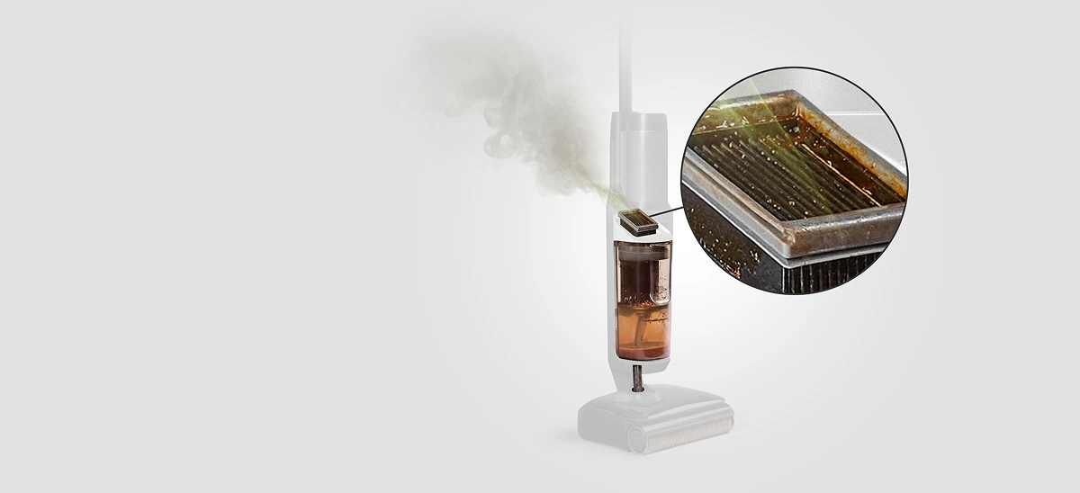 Поперечний розріз іншої швабри та крупний план брудного фільтра.