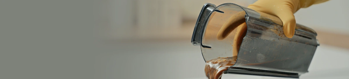 Людина тримає в руці ємність із брудною водою та виливає її після миття посуду.