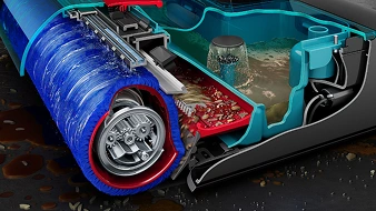 На поперечному розрізі щітки показано роликову систему зрошення, гребінець та систему розділення бруду на два резервуари.