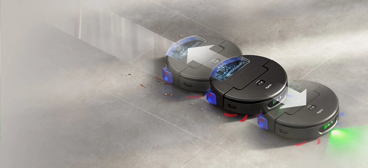 Робот одночасно миє та пилососить плитку для підлоги. Стрілки вперед та назад вказують напрямок руху пристрою.