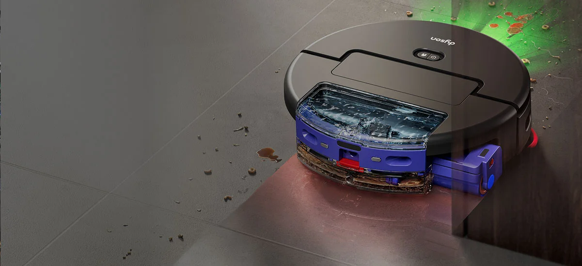 Вигляд задньої частини робота та резервуара для чистої води. Підлога за пристроєм світло-червоного кольору, що вказує на теплу воду.