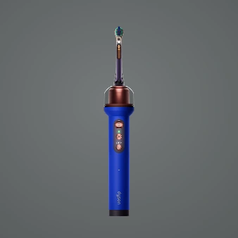 Електрична зубна щітка Dyson CameraJet синього кольору з іригацією та камерою, розташована прямо перед собою