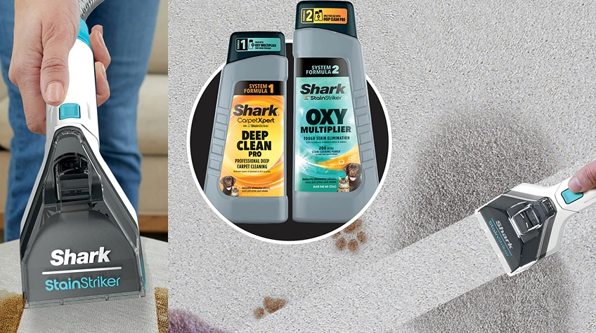 Дві рідини: CarpetXpert Deep Clean Pro та StainStriker Oxy Multiplier, а також килим, очищений пилососом Shark StainStriker.