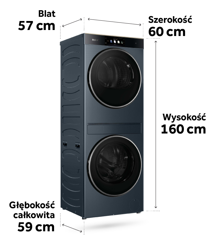 Pralko-suszarka Haier Laundry Centre Couture Care 11 CLC108-GNU1-S z zaznaczonymi wymiarami