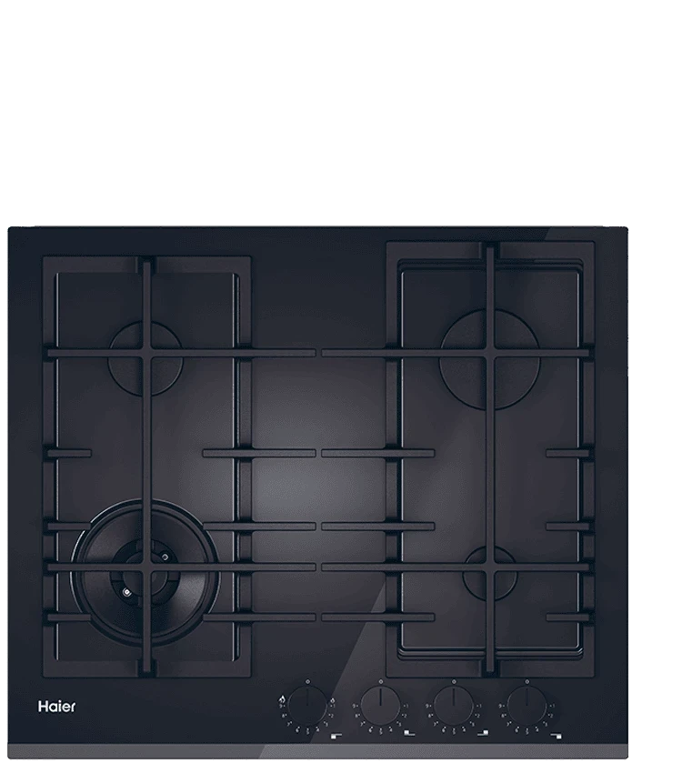 Чорна газова варильна поверхня Haier ID HAVG6BF4TBPB з 4 конфорками, показана зверху.
