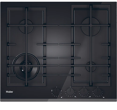 Чорна газова варильна поверхня Haier ID HAVG6BF4TBPB з 4 конфорками, показана зверху.