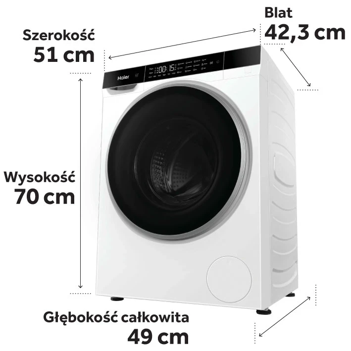 grafika obrazująca wymiary pralko-suszarki Haier Mini Wash&Dryer HWD50-BP12307U-S