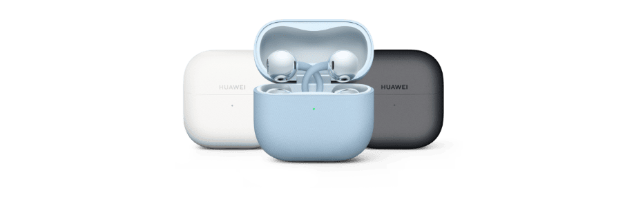 Сині навушники Huawei FreeClip2 у зарядному футлярі на тлі біло-чорного зарядного футляра