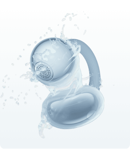 Сині навушники Huawei FreeClip 2 з бризками рідини.