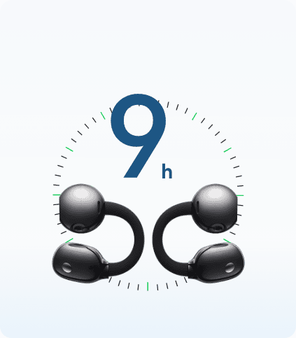 Чорні навушники Huawei FreeClip 2 на тлі циферблата годинника та символу 9h