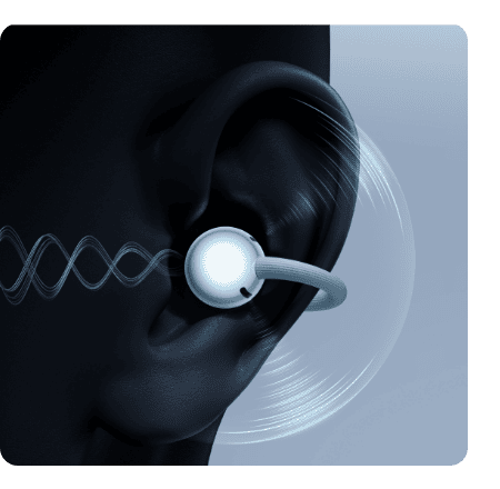 Вушна вкладка FreeClip 2 розміщується у вусі. Навколо неї випромінюються напівкруглі та синусоїдальні хвилі.