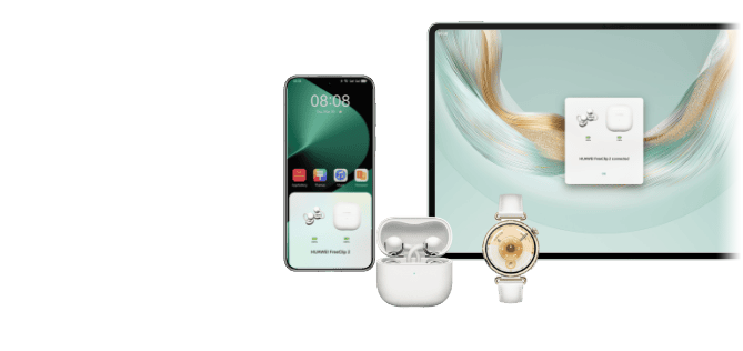 Навушники FreeClip2 у білому зарядному футлярі поруч зі смарт-годинником. Екрани смартфона та планшета на задньому плані.