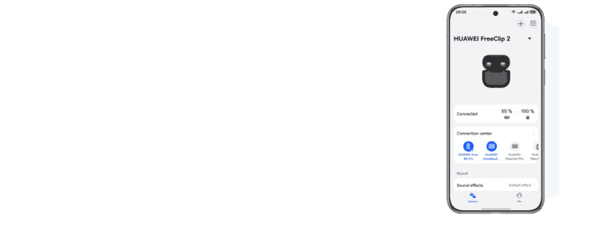 На екрані смартфона відображається додаток із зображенням чорних навушників FreeClip2, розміщених у чорному зарядному футлярі.