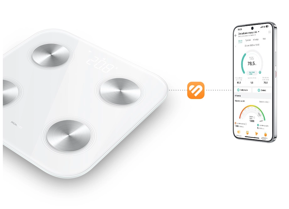 Ваги HUAWEI Scale 3 поруч із екраном смартфона відображають числові дані та графіки між пристроями. Логотип HUAWEI Health.