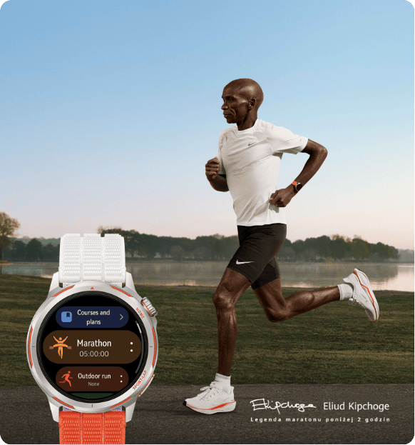 Легендарний марафонець Еліуд Кіпчоге біжить, а поруч із ним на годиннику HUAWEI Watch GT Runner 2 відображається додаток для марафону.