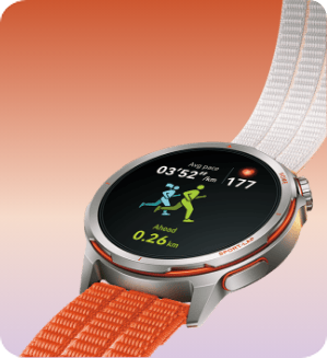 HUAWEI Watch GT Runner 2 з помаранчевим ремінцем. На екрані відображається запущена програма.