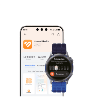 Синій годинник HUAWEI Watch GT Runner 2, на екрані смартфона за ним зображено логотип програми HUAWEI HEALTH