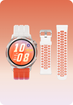 HUAWEI Watch GT Runner 2 зі світло-сірим титановим корпусом та помаранчевим плетеним ремінцем, поруч із білим еластомерним ремінцем