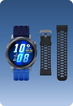 HUAWEI Watch GT Runner 2 з темно-сірим титановим корпусом і синім плетеним ремінцем, поруч із чорним еластомерним ремінцем