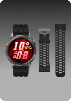 HUAWEI Watch GT Runner 2 з темно-сірим титановим корпусом та чорним плетеним ремінцем, поруч із ним чорний еластомерний ремінець