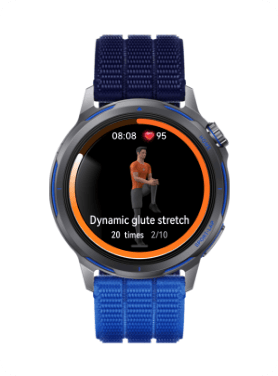 На екрані годинника HUAWEI Watch GT Runner 2 відображається постава людини під час розтяжки, помаранчеве кільце та цифри.