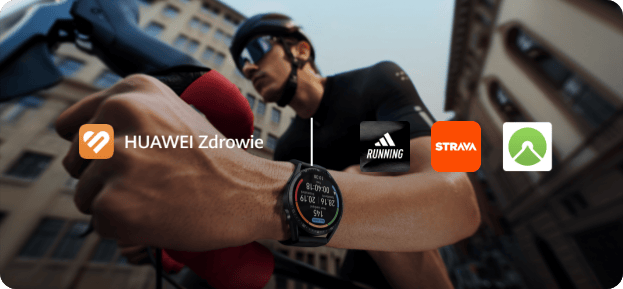 Велосипедист їде вулицями міста з годинником HUAWEI Watch GT Runner 2 поруч із логотипами чотирьох відомих спортивних та тренувальних додатків.