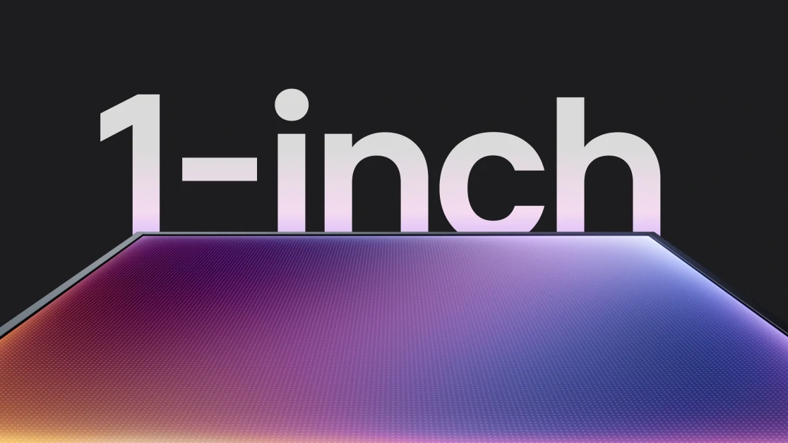 На рекламному зображенні зображено напис «one-inch» (один дюйм) над підсвіченою лінією, що символізує сенсор камери.