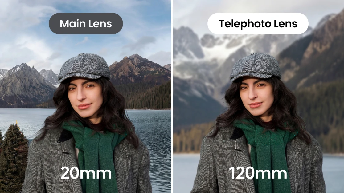Порівняння показує дві портретні фотографії жінки в зеленій хустці на тлі гірського пейзажу.