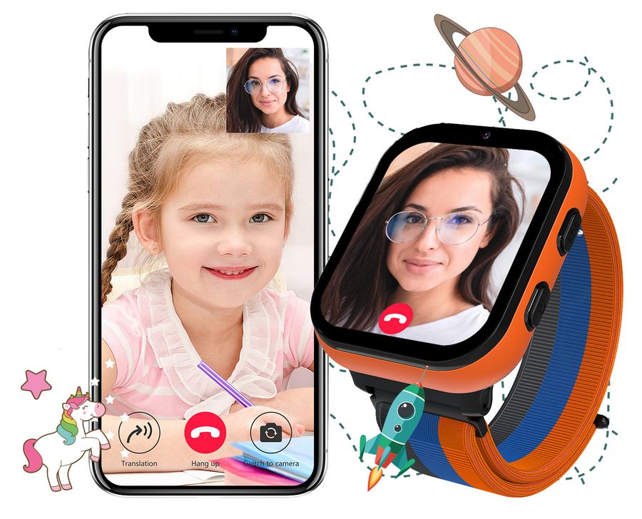 Kiano Watch Joy obok smartfona, ilustruje rozmowę wideo dziecka z mamą