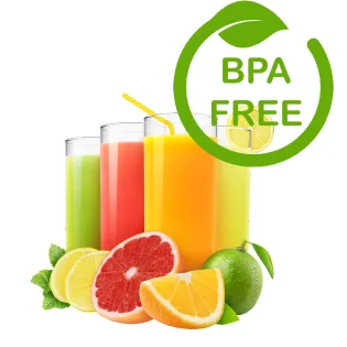 Три склянки соку та знак BPA FREE (без бісфенолу) із зеленим листком