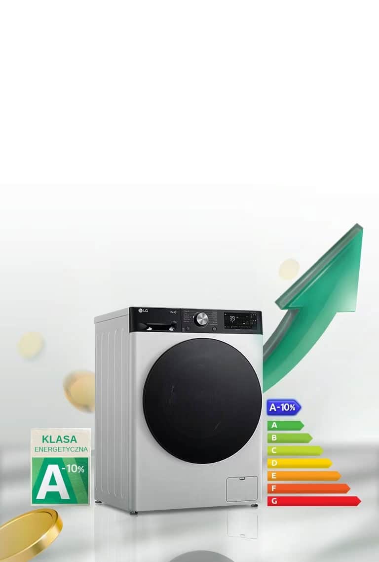 „Etykieta energetyczna A-10% jest umieszczona obok pralki.