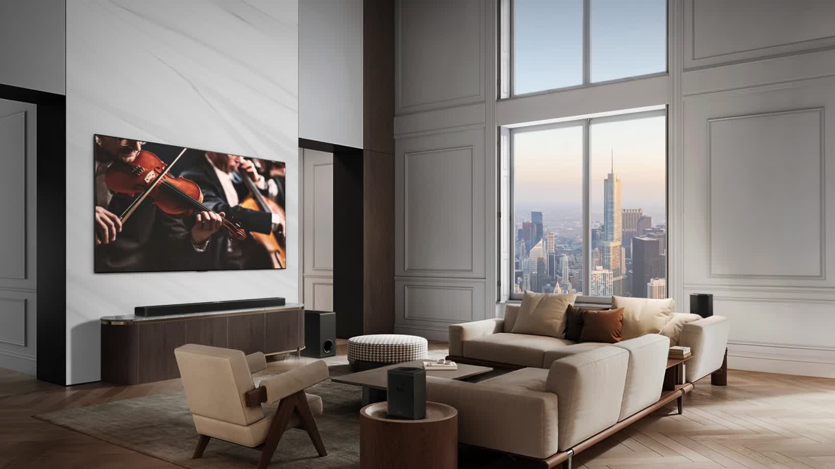 LG Soundbar i LG TV znajdują się w wielkomiejskim apartamencie. Trzy czerwone paski pojawią się pojedynczo, tworząc wirtualne warstwy i łączą się, tworząc pełną kopułę dźwiękową.