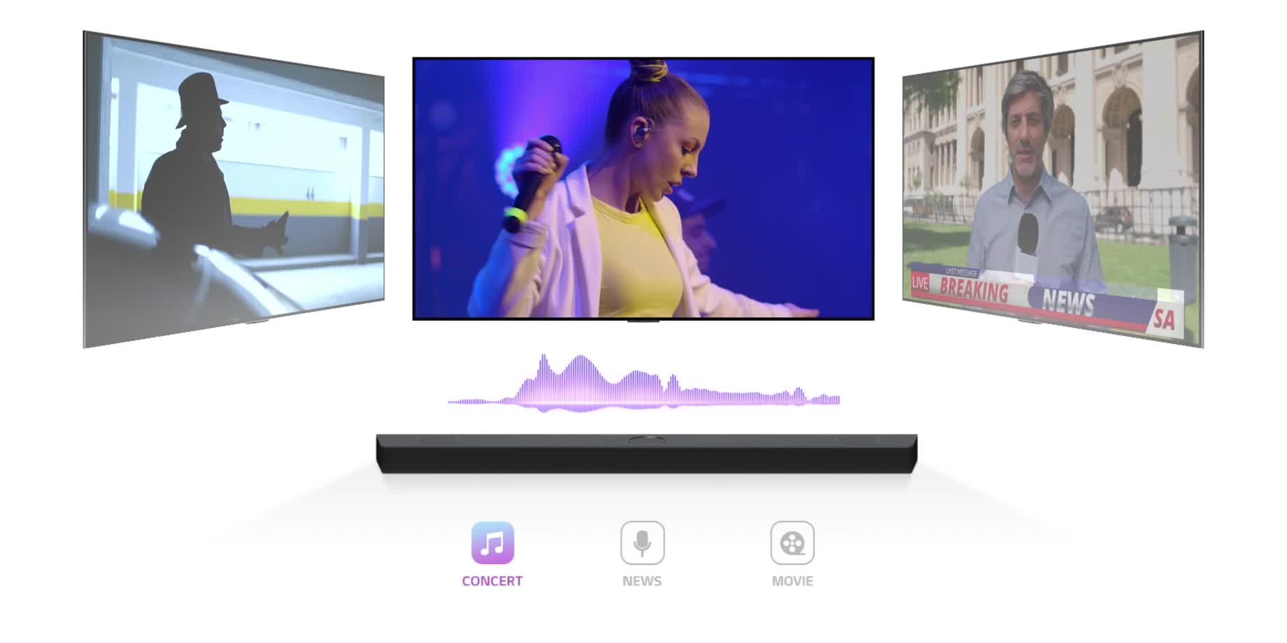 LG Soundbar prezentuje trzy ekrany telewizyjne. Ten nad nim odtwarza koncert śpiewającej kobiety. Ekran pokazujący wiadomości przesuwa się na środek i rozpoczyna odtwarzanie. Następnie ekran z kobietą wbiegającą po schodach przesuwa się na środek i rozpoczyna odtwarzanie. Pomiędzy telewizorem a soundbarem znajduje się fala dźwiękowa zmieniająca kolor zawsze, gdy ekran telewizora zmienia się na inny, korelując z gatunkiem. 
