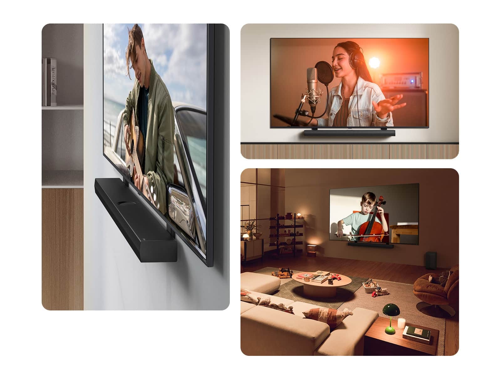 LG Soundbar i LG QNED TV na ścianie z uchwytem QNED Matching w szarej i drewnianej przestrzeni mieszkalnej pod kątem, gdzie LG QNED TV wyświetla mężczyznę grającego na gitarze.  LG Soundbar i LG QNED TV na tle kremowej ściany z uchwytem QNED dopasowanym do telewizora. Telewizor odtwarza film przedstawiający kobietę śpiewającą w studiu nagraniowym. Pod telewizorem znajduje się nowoczesny, geometryczny drewniany stojak.   LG Soundbar i LG QNED TV na ścianie z uchwytem QNED dopasowanym do telewizora w przytulnym i słabo oświetlonym salonie z zabawkami dla dzieci. Telewizor odtwarza wideo małego chłopca grającego na wiolonczeli. 